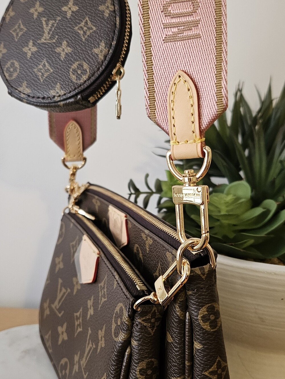 Designer Inspired Brown Monogram Crossbody with Pink Signature Strap - Picture 3 of 6